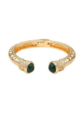 Gold-Tone Cuff Bracelet with Green Emerald Gemstone Hinged Cuff